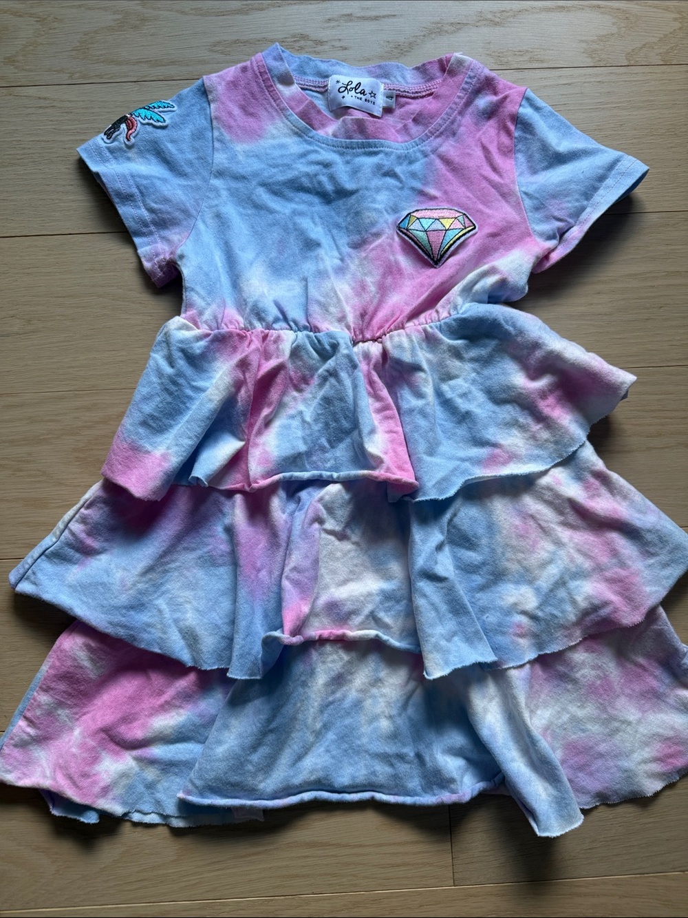 Lola + The Boys Pink and Light Blue Tie-Dye Ruffle Dress with Diamond Patch